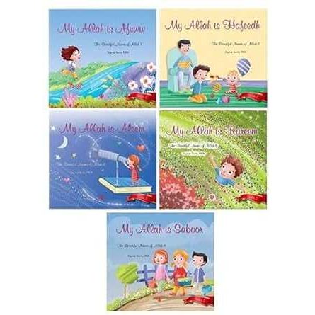 Five colorful children's books about the Beautiful Names of Allah, featuring stories and illustrations for preschoolers.