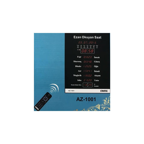 ERATEC Duvar Ezan Saati AZ-1001 with remote control and prayer times display.