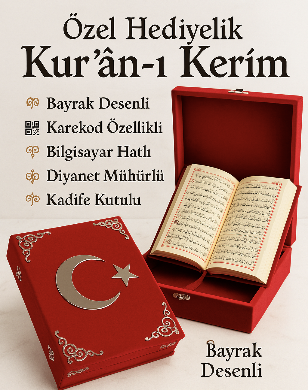 Kur'an-ı Kerim Bayrak Desenli Kadife Kutulu Özel Hediyelik