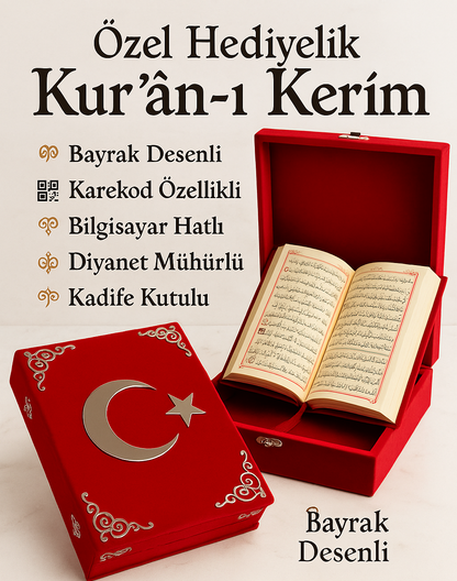Kur'an-ı Kerim Bayrak Desenli Kadife Kutulu Özel Hediyelik
